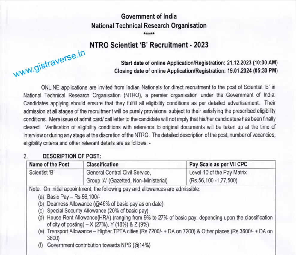 NTRO Vacancies, Scientist Recruitment